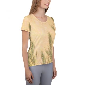 Women's Athletic T-shirt Wheat Field Green Beige Landscape Nature Art Print Old Antique Vintage