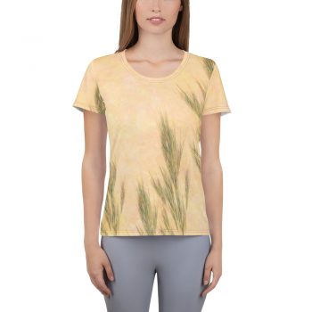 Women's Athletic T-shirt Wheat Field Green Beige Landscape Nature Art Print Old Antique Vintage