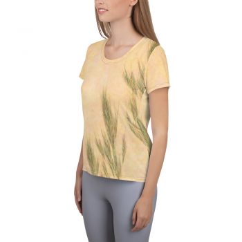 Women's Athletic T-shirt Wheat Field Green Beige Landscape Nature Art Print Old Antique Vintage