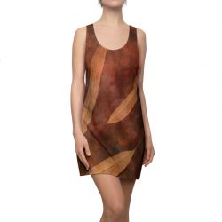 Women's Cut & Sew Racerback Dress Dark Brown Leaves Leaf Beige Nature Art Print Old Antique