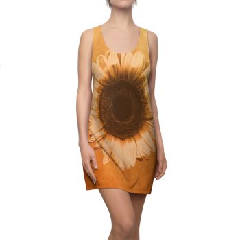 Women's Cut & Sew Racerback Dress Sunflower Flower Art Print Old Antique Vintage Beige Yellow Brown Gold