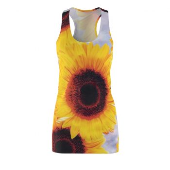 Women's Cut & Sew Racerback Dress Sunflowers Flower Art Print Old Antique Vintage Blue Yellow Brown