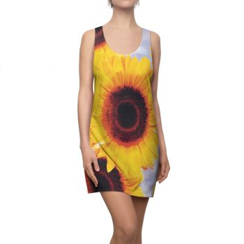 Women's Cut & Sew Racerback Dress Sunflowers Flower Art Print Old Antique Vintage Blue Yellow Brown