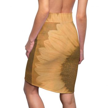 Women's Pencil Skirt Large Sunflower Flower Art Print Old Antique Vintage Beige Yellow Brown