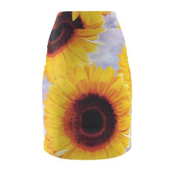 Women's Pencil Skirt Sunflowers Flower Art Print Old Antique Vintage Blue Yellow Brown