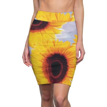 Women's Pencil Skirt Sunflowers Flower Art Print Old Antique Vintage Blue Yellow Brown