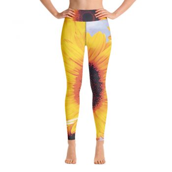 Yoga Pants Leggings Sunflowers Flower Art Print Old Antique Vintage Blue Yellow Brown