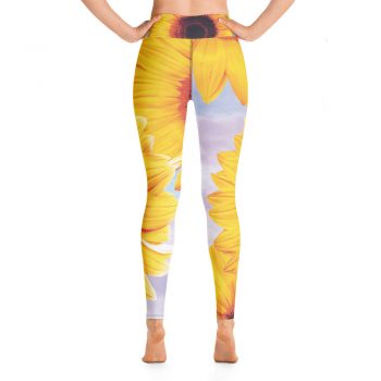 Yoga Pants Leggings Sunflowers Flower Art Print Old Antique Vintage Blue Yellow Brown