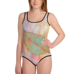 Youth Girls Swimsuit Swimwear Colorful Leaves Leaf Blue Pink Beige Cream Brown Art Print Old Antique Vintage