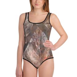 Youth Girls Swimsuit Swimwear Colorful Leaves Leaf Print Grey Beige Cream Brown Nature Art Print Old Antique Vintage