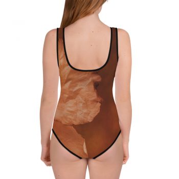 Youth Girls Swimsuit Swimwear Flower Art Print Old Antique Vintage Botanical Tan Beige Brown