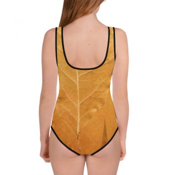 Youth Girls Swimsuit Swimwear Golden Brown Leaf Print Beige Gold Nature Art Print Old Antique Vintage