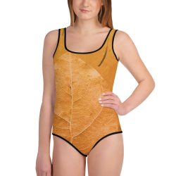 Youth Girls Swimsuit Swimwear Golden Brown Leaf Print Beige Gold Nature Art Print Old Antique Vintage