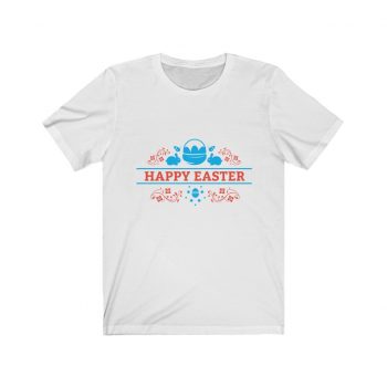 Adult Short Sleeve Tee T-Shirt Unisex - Happy Easter - Easter Basket Bunny Red Blue