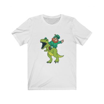 Adult Short Sleeve Tee T-Shirt Unisex - Leprechaun Riding a Dinosaur T Rex