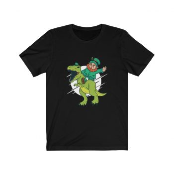 Adult Short Sleeve Tee T-Shirt Unisex - Leprechaun Riding a Dinosaur T Rex