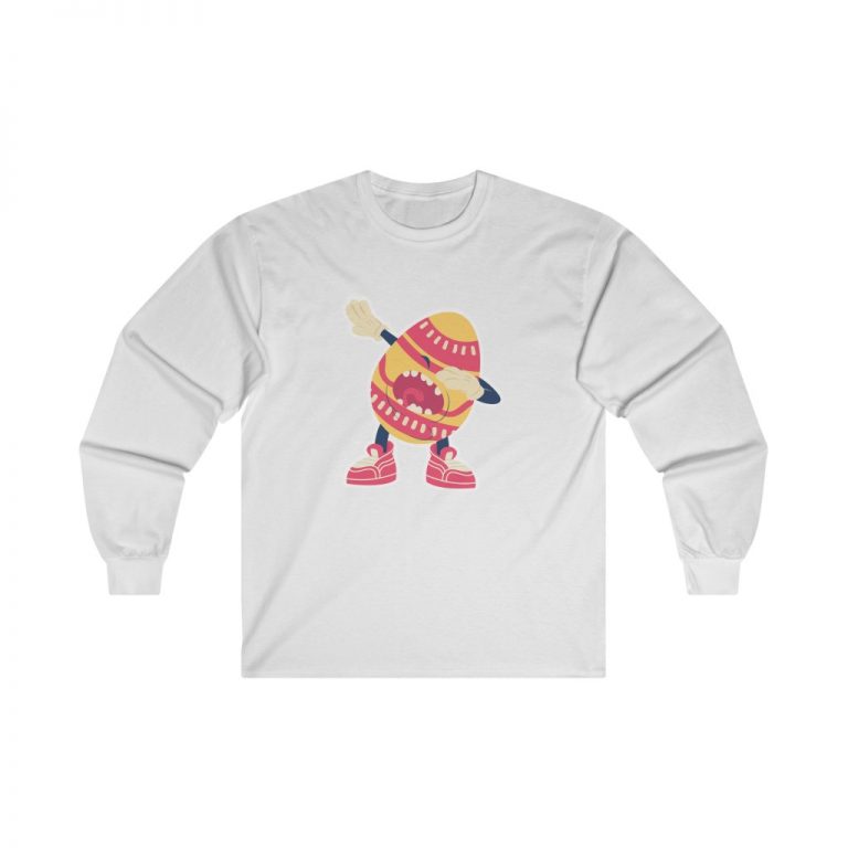 Adult Ultra Cotton Long Sleeve Tee - Dancing Dabbing Easter Egg Pink Orange