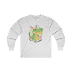 Adult Ultra Cotton Long Sleeve Tee - Dinosaur Easter Bunner - T-Rex Tyrannosaurus with Bunny Ears