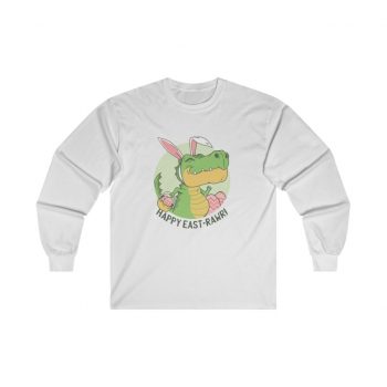 Adult Ultra Cotton Long Sleeve Tee - Dinosaur Easter Bunner - T-Rex Tyrannosaurus with Bunny Ears