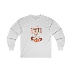 Adult Ultra Cotton Long Sleeve Tee - Happy Easter - Bunny Jumping on Eggs