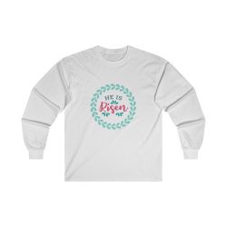 Adult Ultra Cotton Long Sleeve Tee - He Has Risen - Pink Blue Turquoise Teal