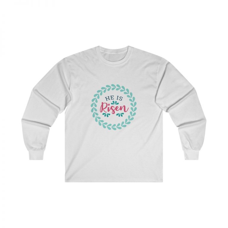 Adult Ultra Cotton Long Sleeve Tee - He Has Risen - Pink Blue Turquoise Teal