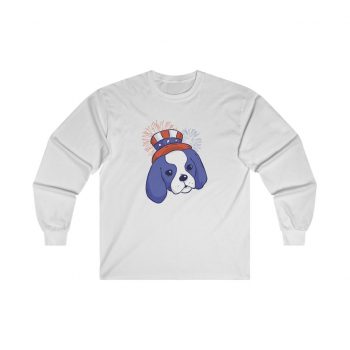 Adult Ultra Cotton Long Sleeve Tee - Ragnar Dog American Puppy 4th July Hat