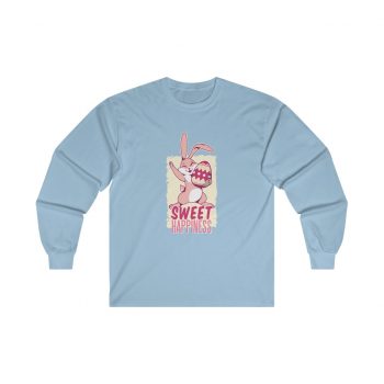 Adult Ultra Cotton Long Sleeve Tee Several Colors - Sweet Happiness - Easter Bunny with Easter Egg