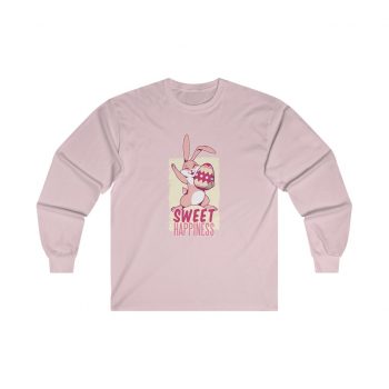 Adult Ultra Cotton Long Sleeve Tee Several Colors - Sweet Happiness - Easter Bunny with Easter Egg