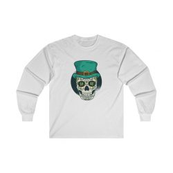 Adult Ultra Cotton Long Sleeve Tee - St Patrick Sugar Skull Green Clover