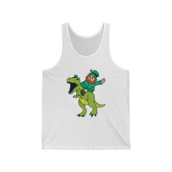 Adult Unisex Jersey Tank Shirt Top - Leprechaun Riding a Dinosaur T Rex