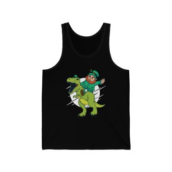 Adult Unisex Jersey Tank Shirt Top - Leprechaun Riding a Dinosaur T Rex