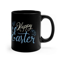 Black Coffee Mug - Happy Easter Script Beige Blue