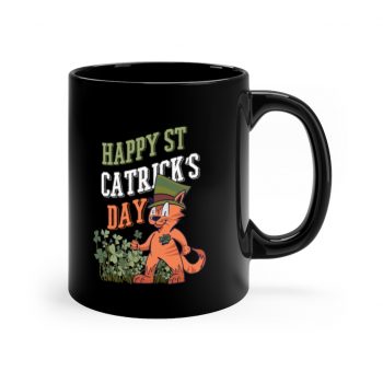 Black Coffee Mug - Happy St Catrick's Day Cat Clover