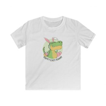 Kids T-Shirt Youth Softstyle - Easter Dino T Rex Dinosaur Bunny Ears Eggs