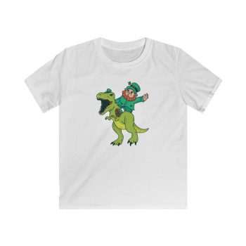 Kids T-Shirt Youth Softstyle - Leprechaun Riding a Dinosaur T Rex