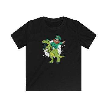 Kids T-Shirt Youth Softstyle - Leprechaun Riding a Dinosaur T Rex