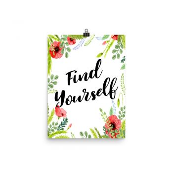 Poster Wall Art Portrait Print - Find Yourself - Watercolor Red Poppy Flowers Green Leaves Leaf