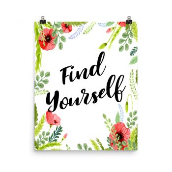 Poster Wall Art Portrait Print - Find Yourself - Watercolor Red Poppy Flowers Green Leaves Leaf