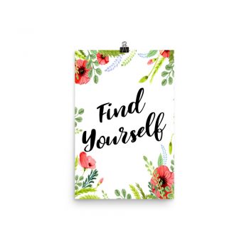 Poster Wall Art Portrait Print - Find Yourself - Watercolor Red Poppy Flowers Green Leaves Leaf