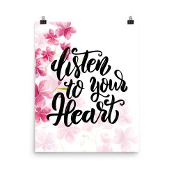 Poster Wall Art Portrait Print - Listen to your Heart - Watercolor Hot Bright Pink Flowers