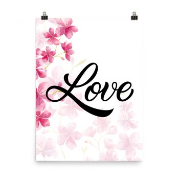 Poster Wall Art Portrait Print - Love - Watercolor Hot Bright Pink Flowers