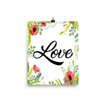 Poster Wall Art Portrait Print - Love - Watercolor Red Poppy Flowers Green Leaves Leaf