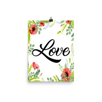 Poster Wall Art Portrait Print - Love - Watercolor Red Poppy Flowers Green Leaves Leaf