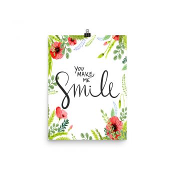 Poster Wall Art Portrait Print - You Make Me Smile - Watercolor Red Poppy Flowers Green Leaves Leaf