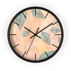 Wall Clock With Lines Colorful Blue Leaves Leaf Beige Cream Coral Brown Art Print Old Antique Vintage
