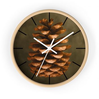 Wall Clock With Lines Pine Cone Print Beige Green Brown Nature Art Print Old Antique Vintage