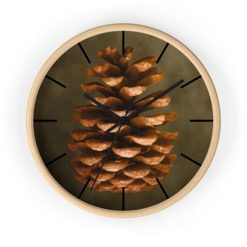 Wall Clock With Lines Pine Cone Print Beige Green Brown Nature Art Print Old Antique Vintage