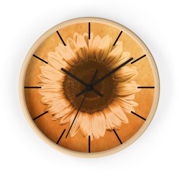 Wall Clock With Lines Sunflower Flower Art Print Old Antique Vintage Beige Yellow Brown Gold