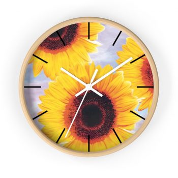 Wall Clock With Lines Sunflowers Flower Art Print Old Antique Vintage Blue Yellow Brown